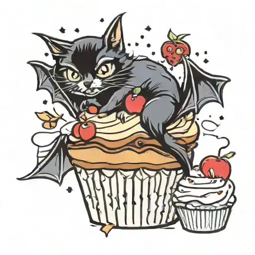 Gothic bat cat sitting on a cupcake with sprinkles and a cherry skull on top tattoo design idea