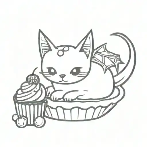 Gothic bat cat sitting on a cupcake with sprinkles and a cherry skull on top tattoo design idea