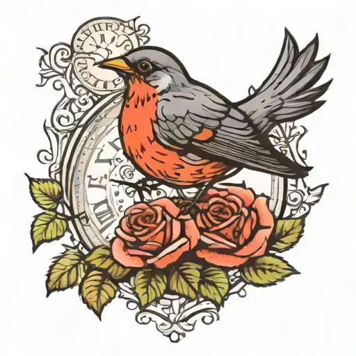 rose clocks robin perched tattoo design idea