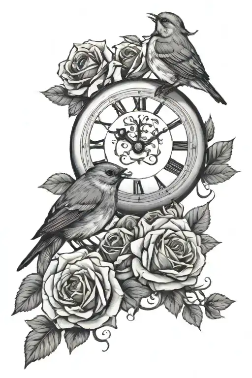 rose clock robin perched tattoo design idea