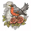 rose clocks robin perched tattoo design idea