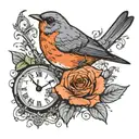 rose clocks robin perched tattoo design idea