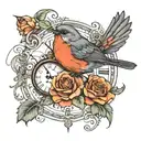 rose clocks robin perched tattoo design idea