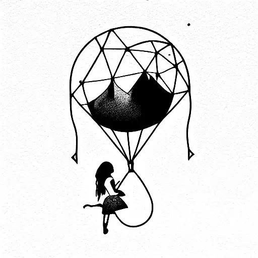 Whimsical, girl, balloon, geometric, water, nature, feminine tattoo design idea