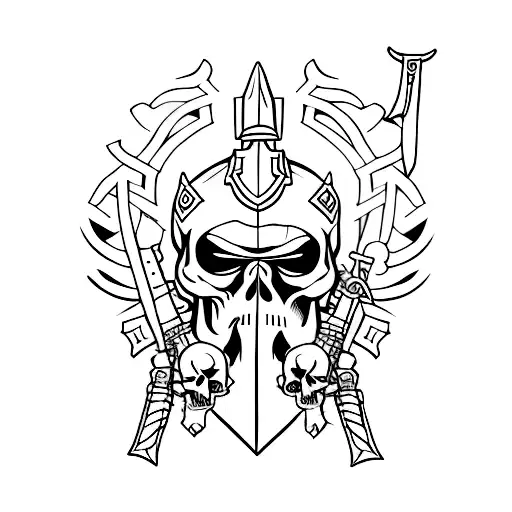 A skull wearing a samurai helmet and holding a Templar sword in a war-torn battlefield tattoo design idea