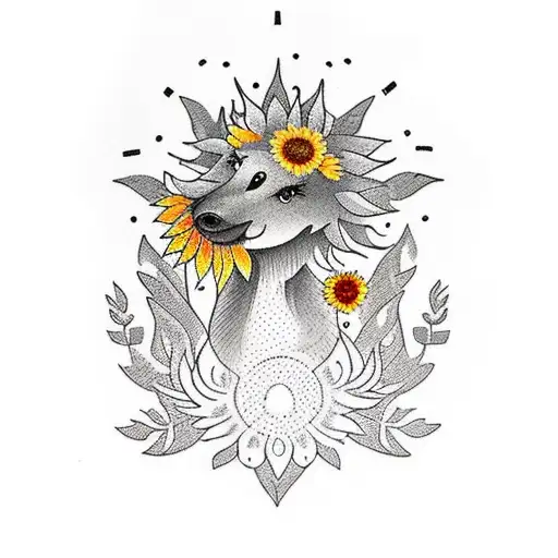 A traditional style tattoo depicting a serene forest scene with sunflowers blooming among the trees and animals peeking out from behind them tattoo design idea