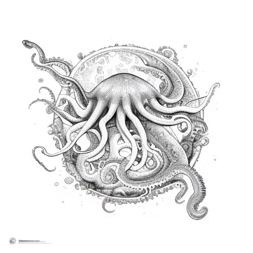 ocean waves with coral and an octopus, jelly fish, seahorse,turtle, orca, crab, dolphin and shark tattoo design idea