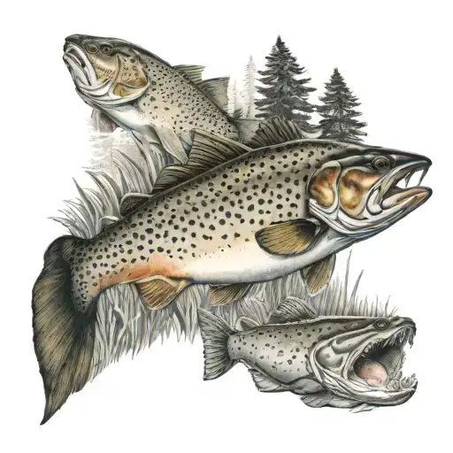 chasse gallerie with giant trout and forests tattoo design idea