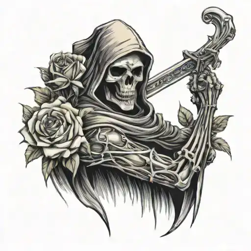 grim reaper with roses behind it with its scythe over his head tattoo design idea