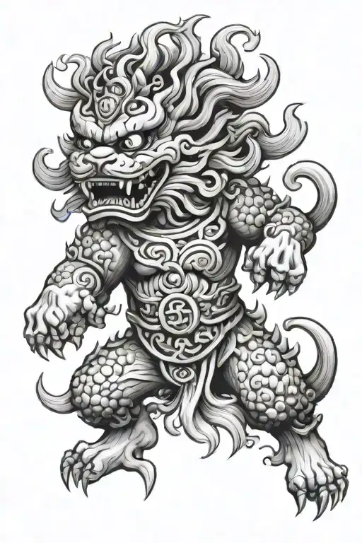 fierce looking traditional chinese foo dog with world under paw tattoo design idea