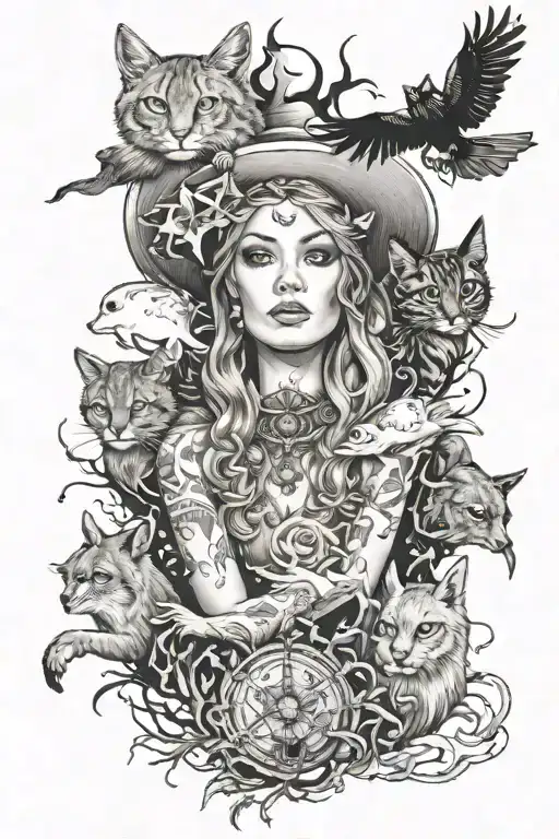 dream witch surrounded by dream animals  tattoo design idea
