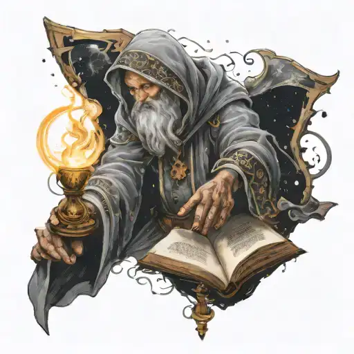 half sleeve wizard casting spell in space with a book, hourglass, powerful tattoo design idea
