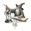 wizard casting a spell, black hole, hour glass in the background, reading a book tattoo design idea