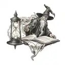 wizard casting a spell, black hole, hour glass in the background, reading a book tattoo design idea