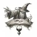 wizard casting a spell, black hole, hour glass in the background, reading a book tattoo design idea