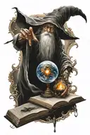 realism tattoo with a wizard casting a spell downwards while reading a book. eye with hourglass pupil in background tattoo design idea
