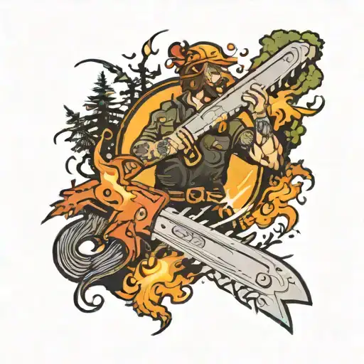 Fiery chainsaw cutting through a forest with a mullet flying in the wind tattoo design idea