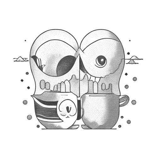 two mugs in front of a sunrise over the beach all closed in a rectangle  tattoo design idea