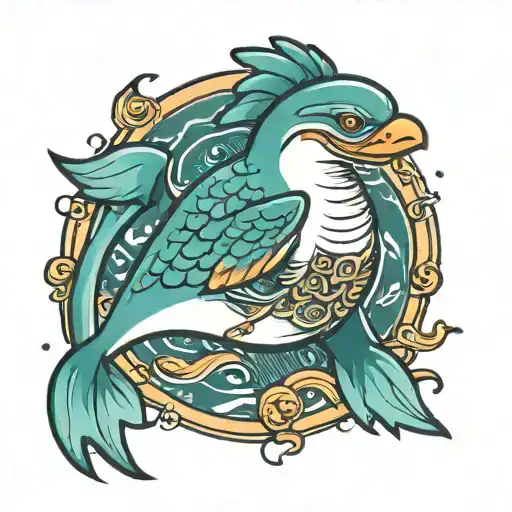 chicken nugget riding dolphin tattoo design idea