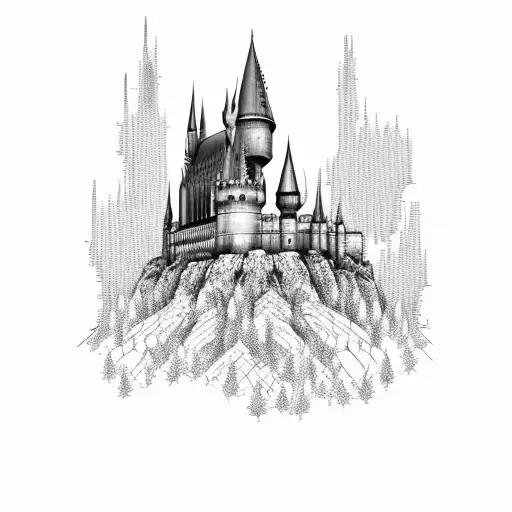 An architectural blueprint of Hogwarts Castle surrounded by a field of sunflowers tattoo design idea