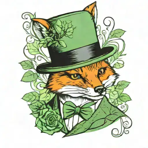 American traditional tattoo of sly fox in green tweed suit with top hat and monocle. Rose background. tattoo design idea