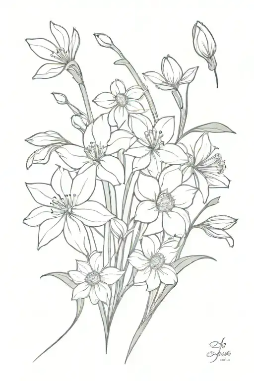A fine line tattoo with daffodils, cosmos, water Lillie’s, daisies, and snow drop flowers tattoo design idea