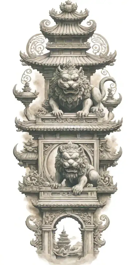 two Japanese foo dog guarding a temple gate bridge tattoo design idea