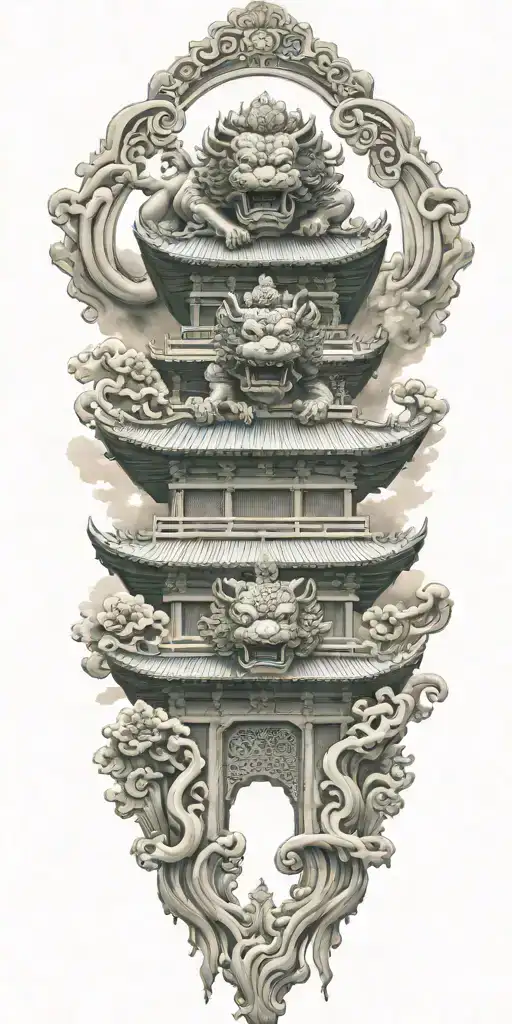 two Japanese foo dog guarding a temple gate great wave tattoo design idea