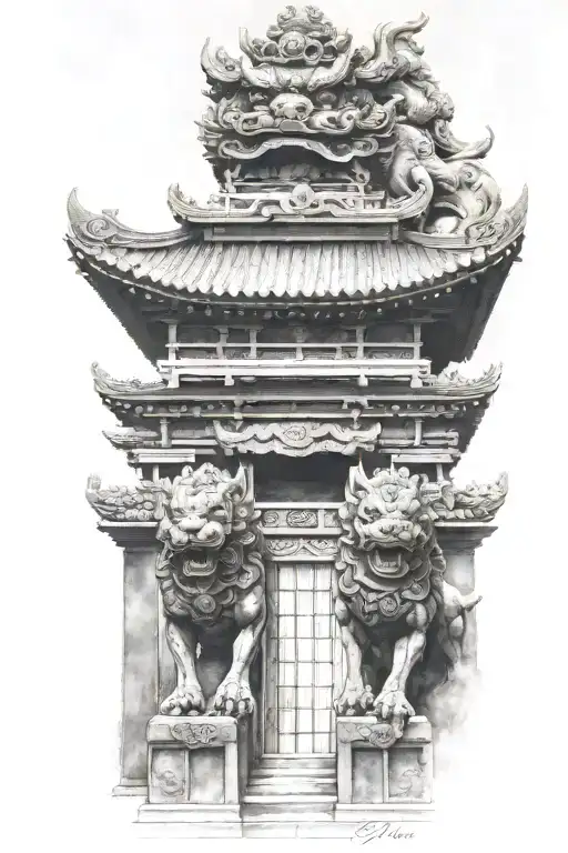 two Japanese foo dog guarding a temple gate tattoo design idea