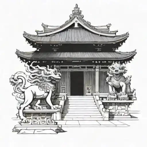 Engineer's blueprint of a Japanese temple with foo dogs guarding the entrance tattoo design idea