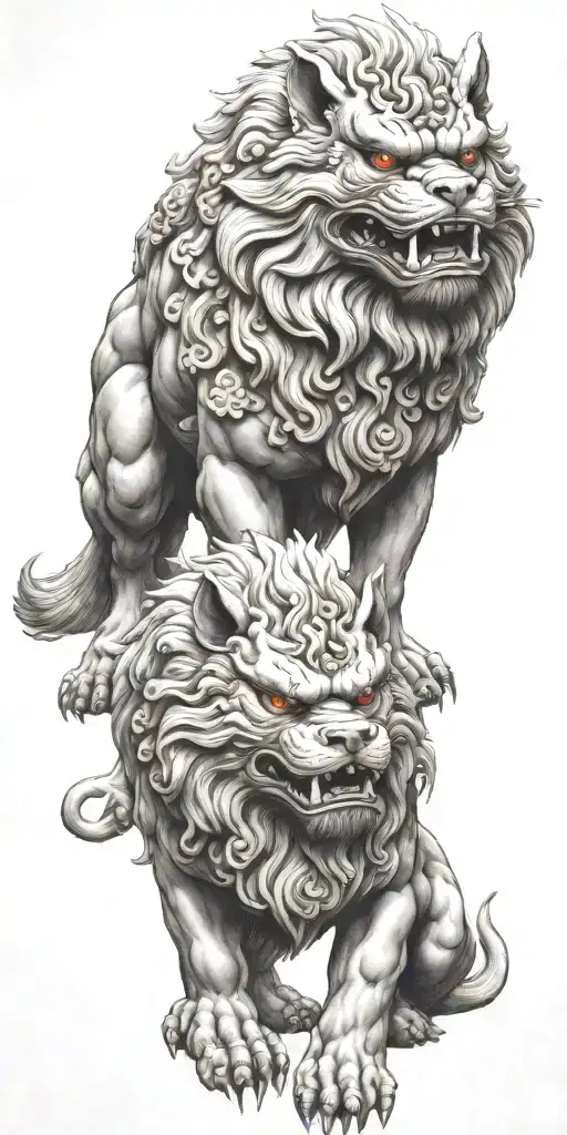 2 Japanese traditional foo dogs standing guard tattoo design idea