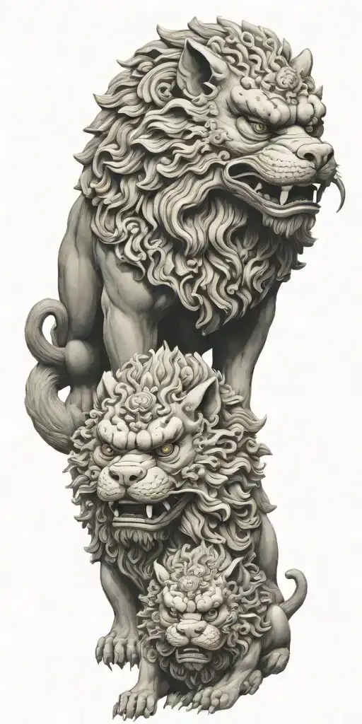 2 Japanese traditional foo dogs standing guard tattoo design idea