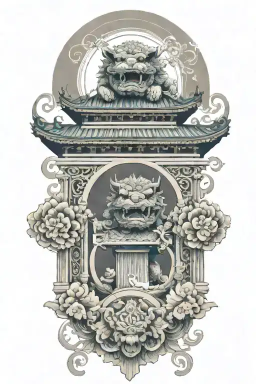 two Japanese foo dog guarding a temple gate great wave off kanagawa tattoo design idea
