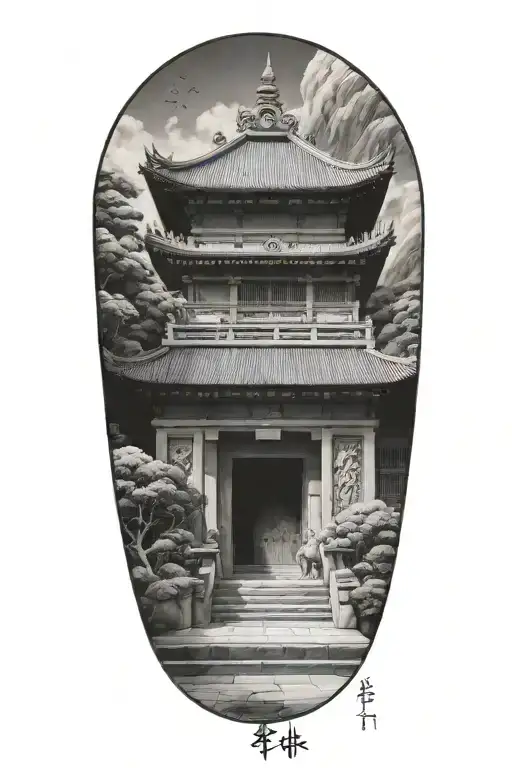 Engineer's blueprint of a Japanese temple with foo dogs guarding the entrance tattoo design idea