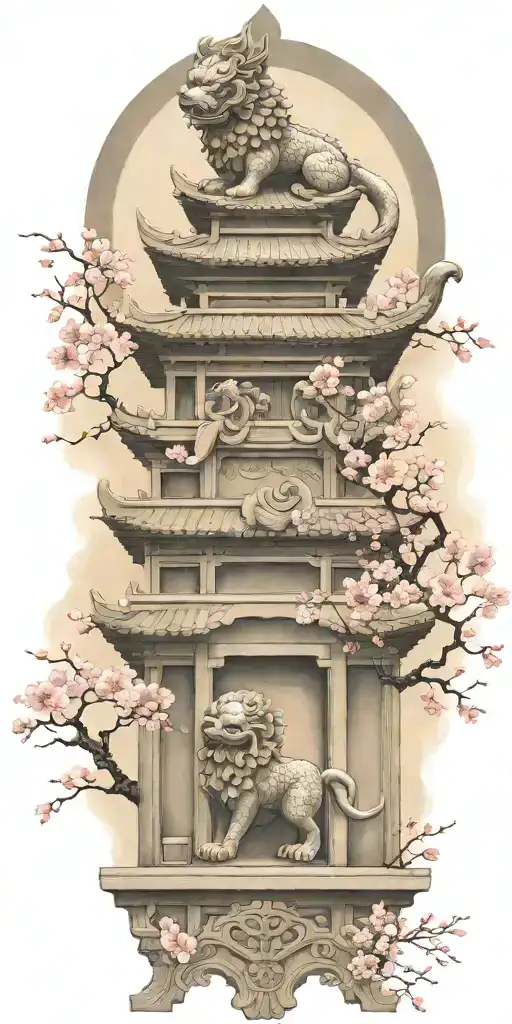 two Japanese foo dog guarding a temple gate cherry blossom tattoo design idea