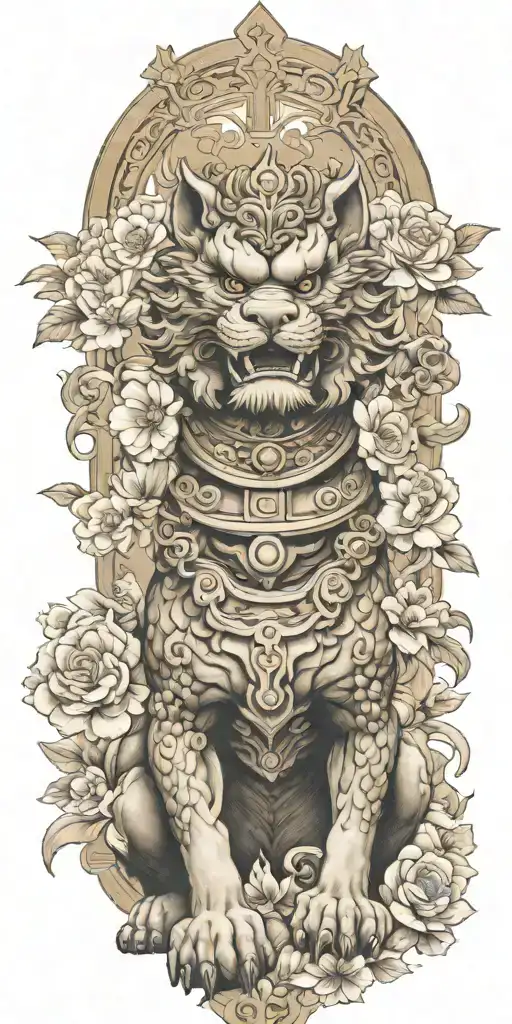 two Japanese foo dog standing defending a sacred temple surrounded by blooming flowers tattoo design idea