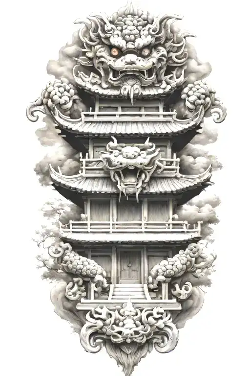 Japanese foo dog guarding a temple tattoo design idea