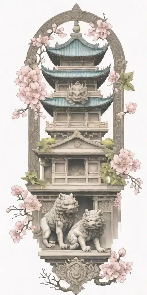 two Japanese foo dog defending a sacred temple surrounded by blooming flowers tattoo design idea