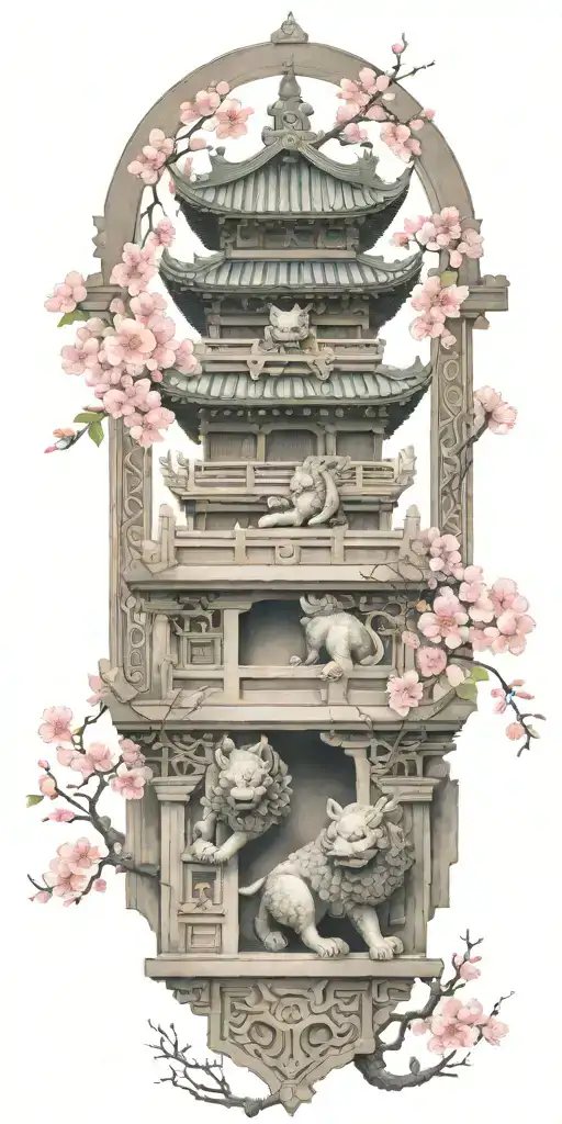 two Japanese foo dog guarding a temple gate cherry blossom tattoo design idea