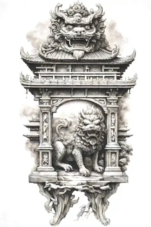 two Japanese foo dog guarding a temple gate bridge tattoo design idea