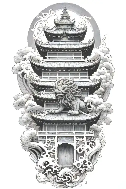 two Japanese foo dog guarding a temple gate great wave off kanagawa tattoo design idea