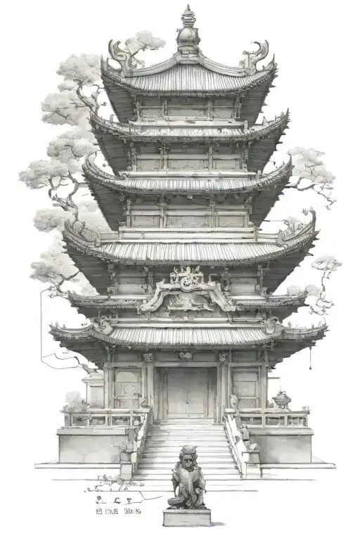 Engineer's blueprint of a Japanese temple with foo dogs guarding the entrance tattoo design idea