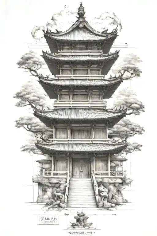 Engineer's blueprint of a Japanese temple with foo dogs guarding the entrance tattoo design idea