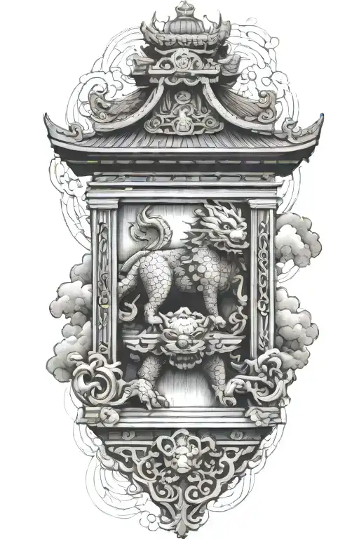 two Japanese foo dog guarding a temple gate bridge tattoo design idea