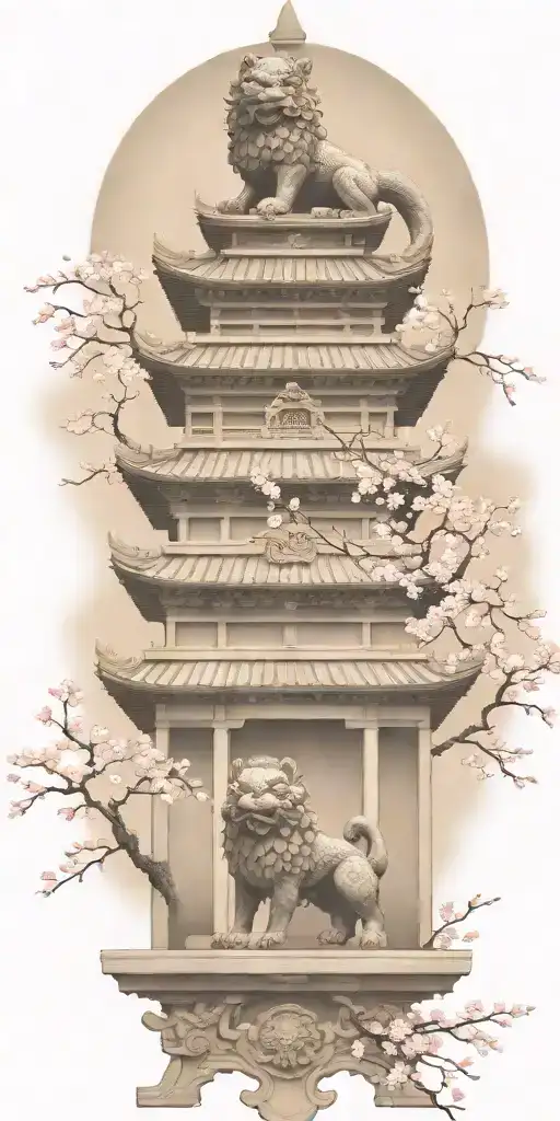 two Japanese foo dog guarding a temple gate cherry blossom tattoo design idea