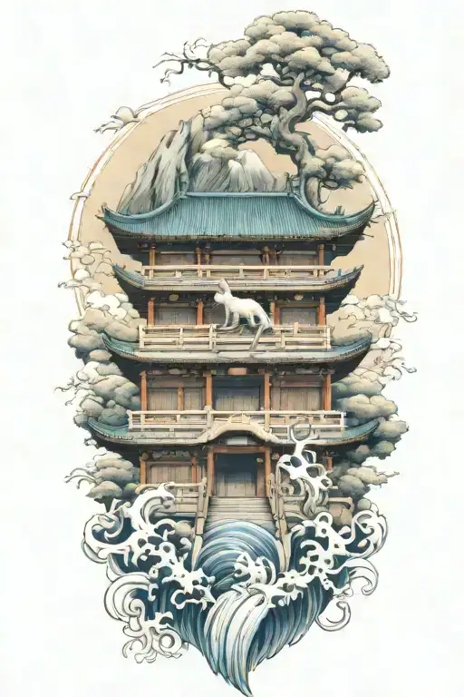 two Japanese foo dog guarding a temple gate great wave off kanagawa tattoo design idea