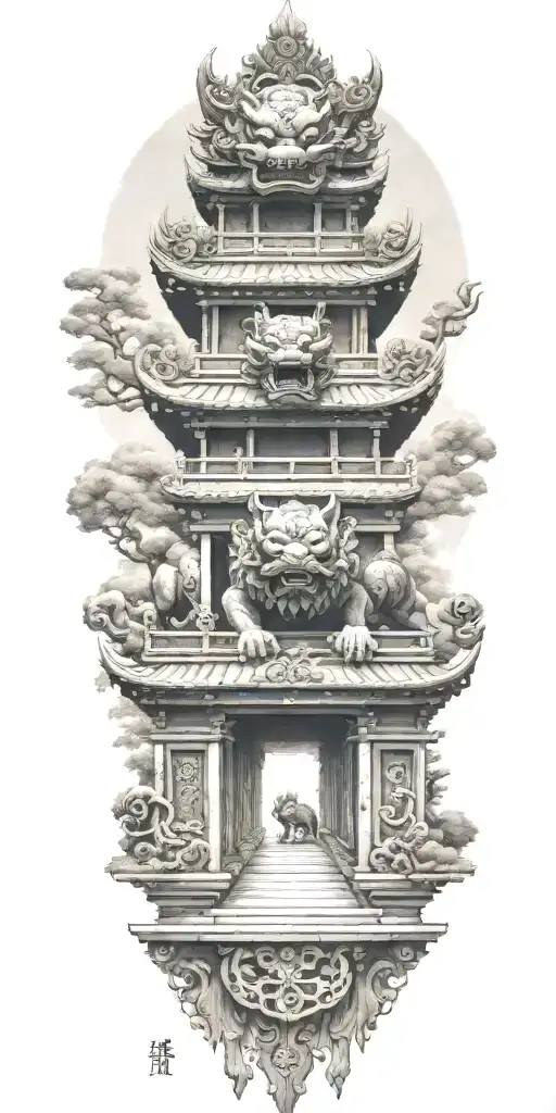 two Japanese foo dog guarding a temple gate bridge tattoo design idea