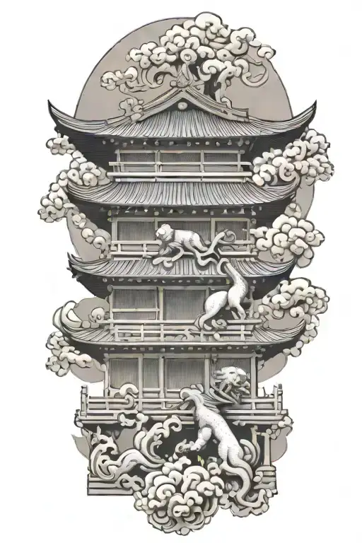 two Japanese foo dog guarding a temple gate great wave off kanagawa tattoo design idea