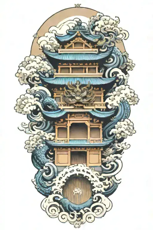 two Japanese foo dog guarding a temple gate great wave off kanagawa tattoo design idea