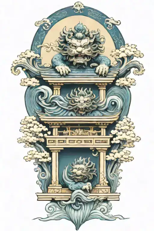 two Japanese foo dog guarding a temple gate great wave off kanagawa tattoo design idea